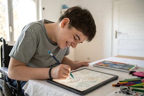A teen with cerebral palsy sketching abstract shapes using an adaptive drawing device. Crated With Generative AI