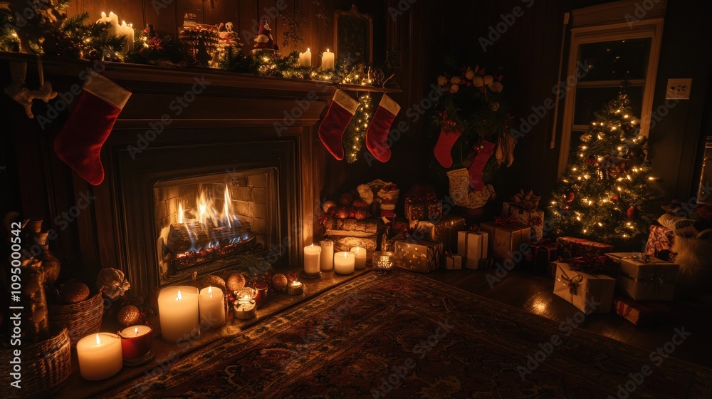 Cozy Christmas Fireplace with Ornaments, Candles, and Gifts Cozy Christmas Fireplace with Ornaments, Candles, and Gifts