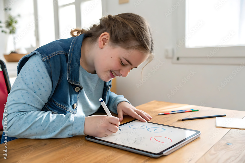 A teen with cerebral palsy sketching abstract shapes using an adaptive drawing device. Crated With Generative AI A teen with cerebral palsy sketching abstract shapes using an adaptive drawing device. Crated With Generative AI