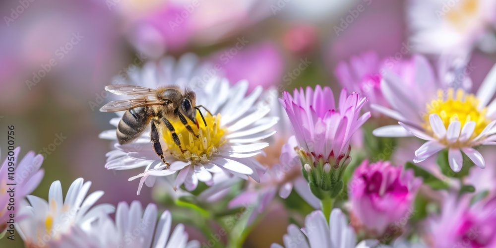 Bees collecting pollen from vibrant flowers. Bees collecting pollen from vibrant flowers.