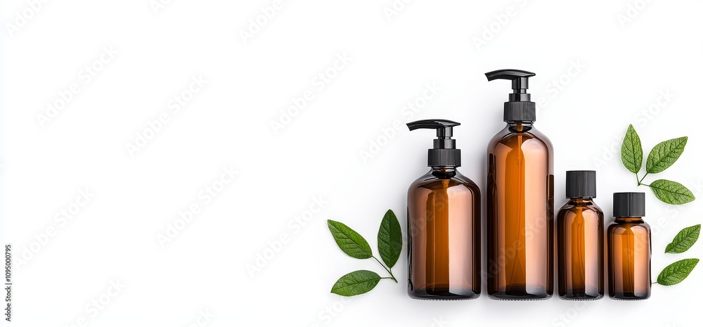 Amber glass containers of various shapes equipped with pump dispensers and spray nozzles. A realistic 3D mockup set for professional brown packaging featuring dark caps, suitable for lotions, serums, Amber glass containers of various shapes equipped with pump dispensers and spray nozzles. A realistic 3D mockup set for professional brown packaging featuring dark caps, suitable for lotions, serums,