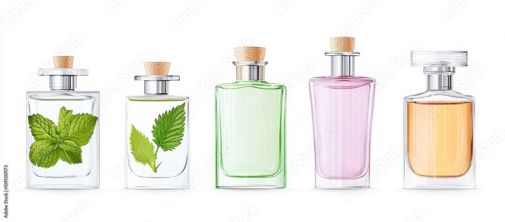 A clear glass bottle equipped with a sprayer and cap, designed for perfume. An empty, see-through cosmetic container mockup. A contemporary 3D illustration set showcasing perfume packaging. A A clear glass bottle equipped with a sprayer and cap, designed for perfume. An empty, see-through cosmetic container mockup. A contemporary 3D illustration set showcasing perfume packaging. A