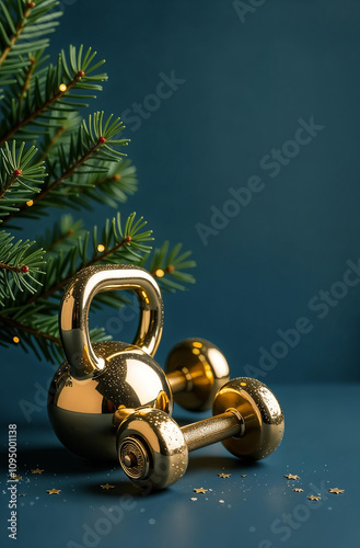 The concept of Christmas and New Year in the gym. A golden kettlebell, two dumbbells, a fir tree with lights on a dark blue background. Vertical, space for text