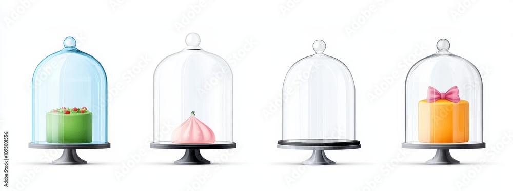 A 3D glass cake dome featuring a realistic stand container with a cover for desserts. An empty crystal cloche with a platter in an isolated illustration. A marble luxury cupcake display object. A A 3D glass cake dome featuring a realistic stand container with a cover for desserts. An empty crystal cloche with a platter in an isolated illustration. A marble luxury cupcake display object. A