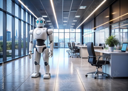 Futuristic AI Robot in a Modern Office Setting with Ample Copy Space for Technology and Innovation Concepts