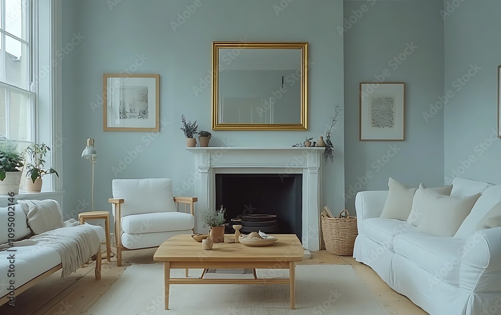 Serene living room with fireplace and white furniture.