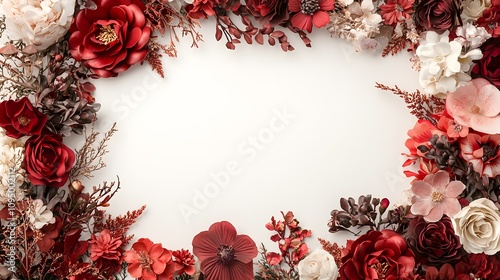 A luxurious floral frame with a mix of deep red roses and gold leaf accents framing a clear center.