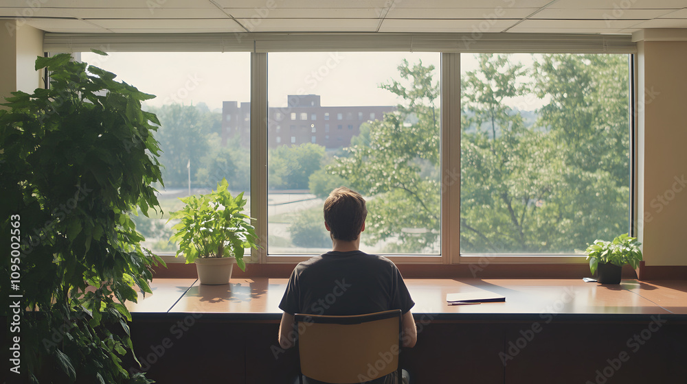 A lone individual sitting in a quiet room, gazing out of a window, reflecting a sense of solitude and introspection. The peaceful atmosphere, combined with soft lighting, emphasizes the calmness and t
