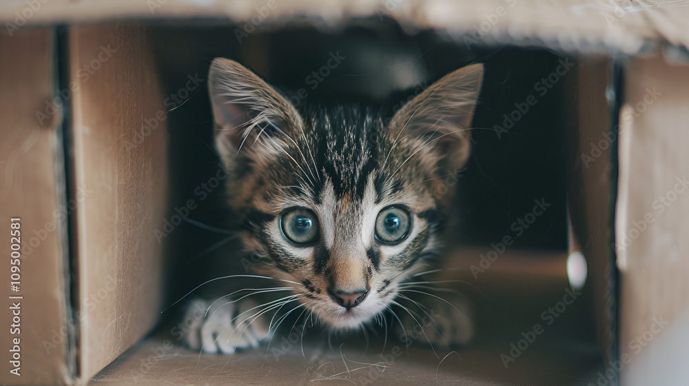 Striped Grey Kitten Getting out From Hole Striped Grey Kitten Getting out From Hole