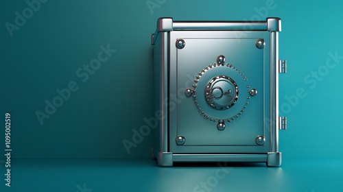 A steel safe with a silver dial and a teal background.