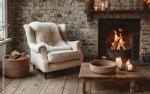 Cozy living room with fireplace and armchair. photo