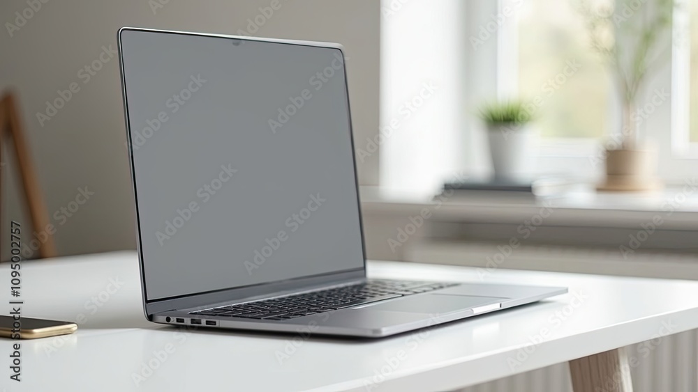Modern laptop on a minimalist desk in a cozy room with natural light during the day Modern laptop on a minimalist desk in a cozy room with natural light during the day