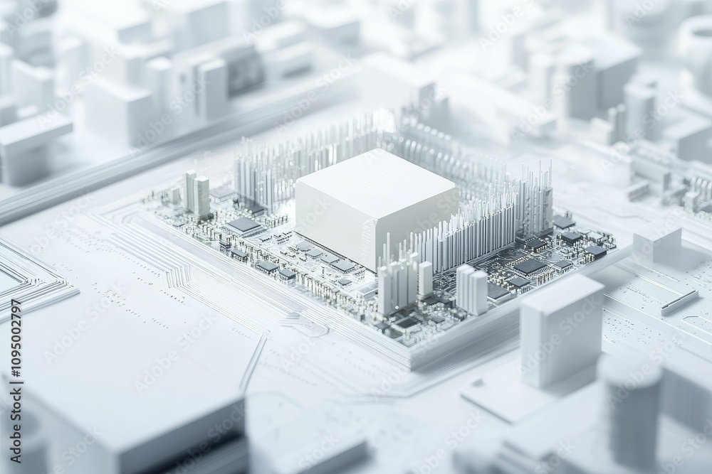 White CPU on futuristic circuit board. White CPU on futuristic circuit board.