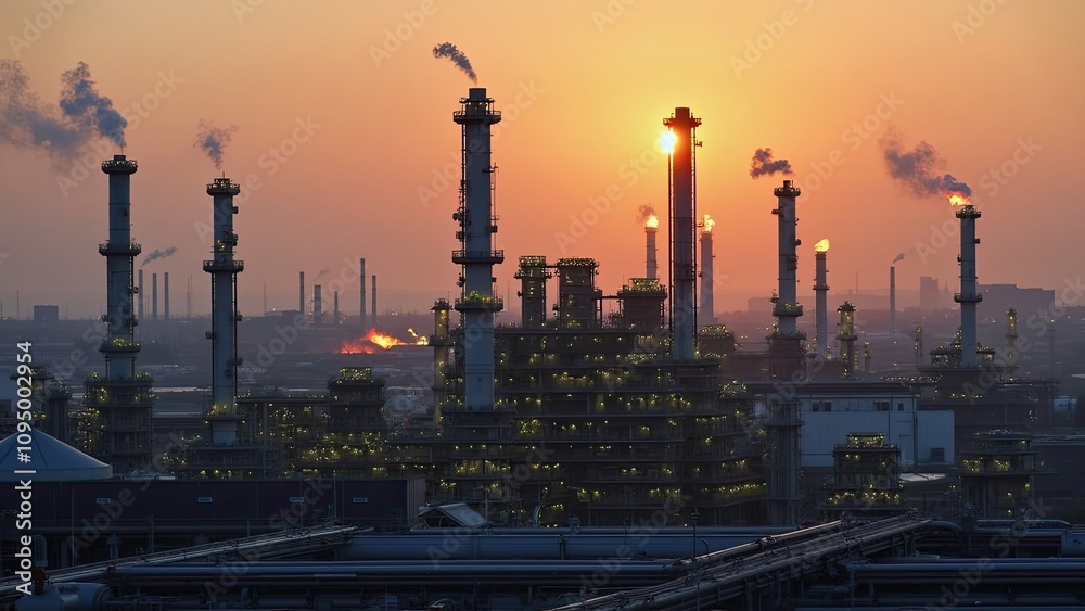 Fototapeta premium Industrial complex at sunset emitting smoke with orange sky in background
