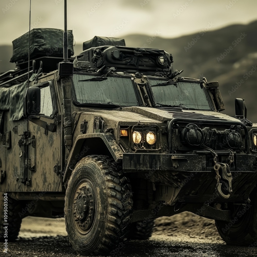Muddy military vehicle, rugged terrain. Muddy military vehicle, rugged terrain.