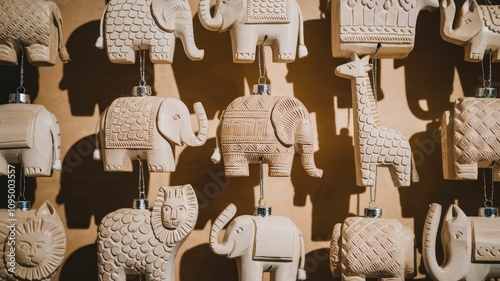 A collection of intricately carved animal figurines, including elephants and a giraffe, displayed against a textured background. photo