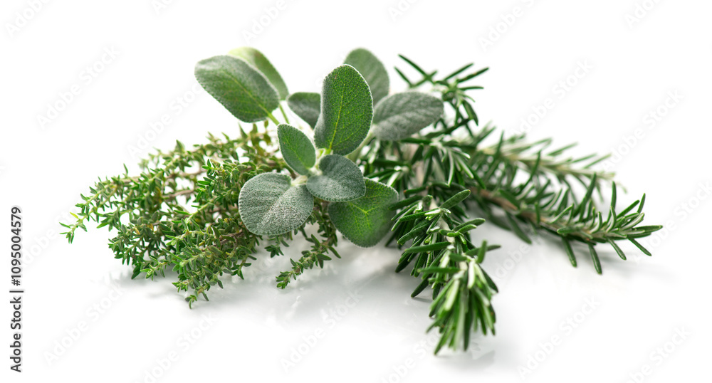 Aromatic herbs isolated on white background. Thyme, rosemary, sage salvia fresh green leaves for cooking. Aromatherapy oils ingredients. Close up Aromatic herbs isolated on white background. Thyme, rosemary, sage salvia fresh green leaves for cooking. Aromatherapy oils ingredients. Close up