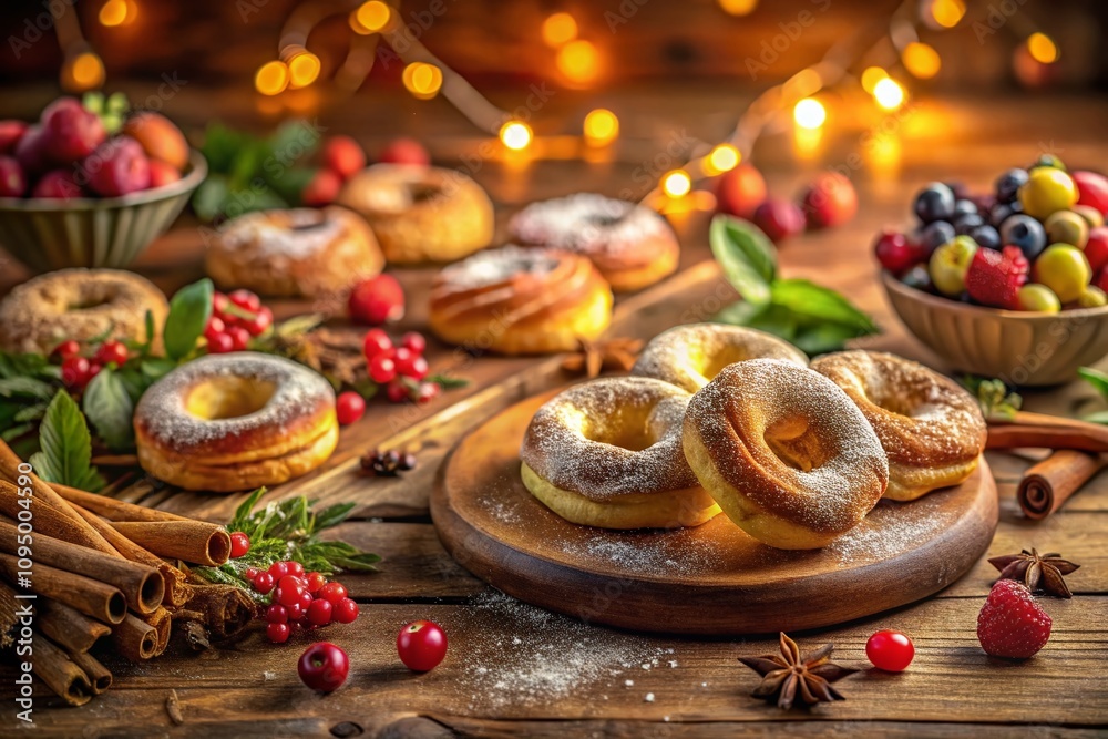 Golden Brown Rosquitas on a Rustic Wooden Table Surrounded by Cinnamon Sticks, Sugar, and Fresh Fruits for a Cozy Bakery Display in a Warm Lighting Environment Golden Brown Rosquitas on a Rustic Wooden Table Surrounded by Cinnamon Sticks, Sugar, and Fresh Fruits for a Cozy Bakery Display in a Warm Lighting Environment