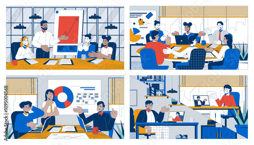 Teamwork meetings cartoon flat illustrations set. Multicultural team 2D characters colorful backgrounds. Briefing coworkers. Collaboration colleagues scenes vector storytelling images collection