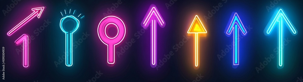A collection of laser gun shots isolated on a black background. Contemporary cartoon illustration featuring neon arrows with green lightning, a purple spiral, a pink love spell, orange fire effects, A collection of laser gun shots isolated on a black background. Contemporary cartoon illustration featuring neon arrows with green lightning, a purple spiral, a pink love spell, orange fire effects,