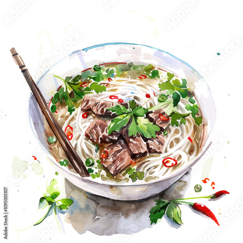 A watercolor painting of Bowl of Pho, isolated on a white background. Bowl of Pho vector.