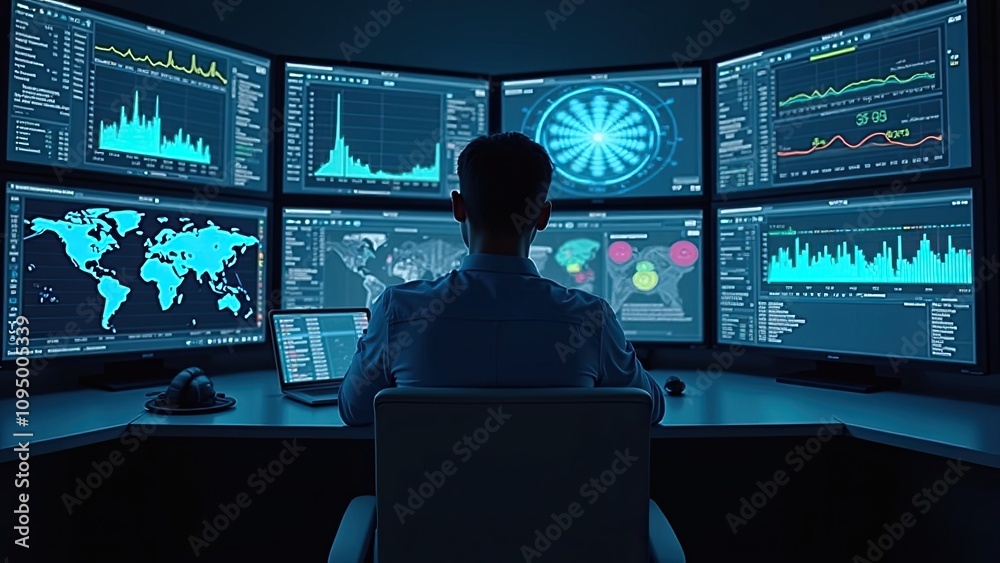 Data analyst monitors multiple screens in a high-tech workspace with global mapping and statistics displayed Data analyst monitors multiple screens in a high-tech workspace with global mapping and statistics displayed