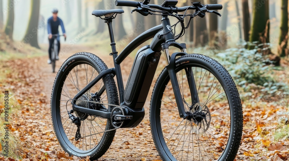 Electric Mountain Bike Parked On A Forest Trail, Embracing The Thrill Of Off-Road Adventures. Electric Mountain Bike Parked On A Forest Trail, Embracing The Thrill Of Off-Road Adventures.