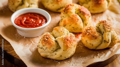 Warm garlic knots brushed with butter and sprinkled with parmesan cheese, served on parchment paper with marinara sauce