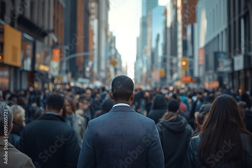 Anonymous Businessman City Street Back View, Blurred Skyscrapers