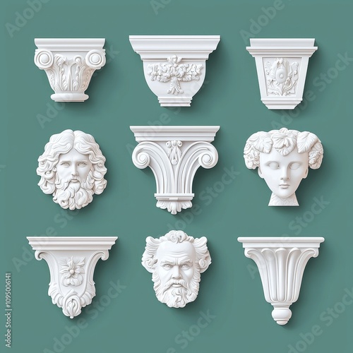 White classic gypsum cornice with ornament for walls and ceilings. A set of realistic 3D modern illustrations of crown molding trim for classic home interiors. Decorative Styrofoam ledge plinth with