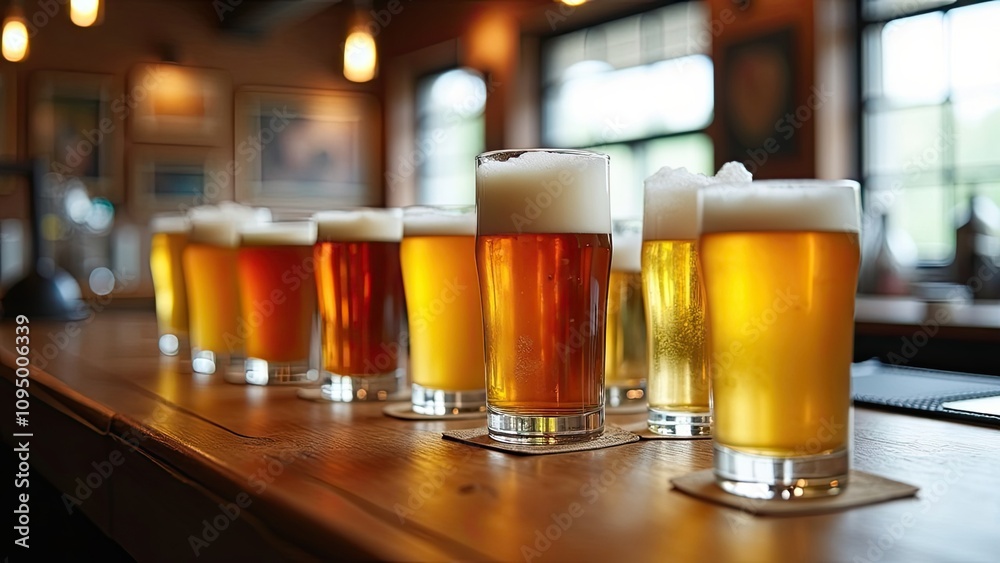 Various styles of beer arranged on a bar counter in a cozy pub setting during a social gathering Various styles of beer arranged on a bar counter in a cozy pub setting during a social gathering