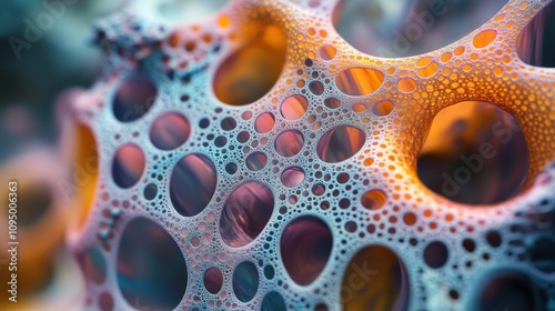 A close-up abstract image of a complex geometric structure with holes and a 3D effect. The structure is made up of blue and orange colors, creating a sense of depth and dimension.