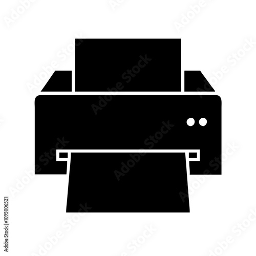 Minimalist black flat printer icon featuring a clean and modern design. The icon showcases a simplified silhouette of a printer, suitable for digital applications, websites, mobile a