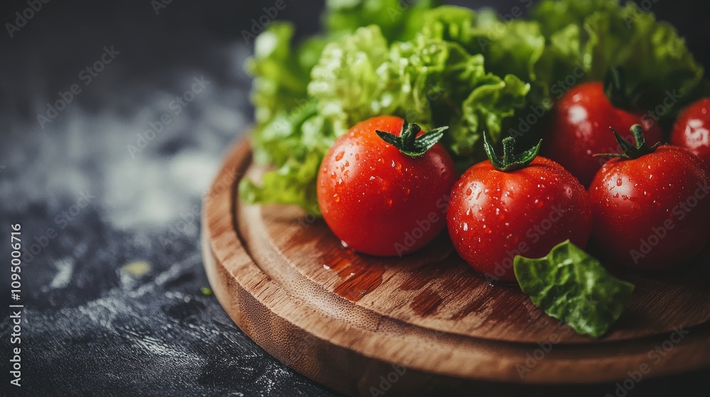 Vibrant red tomatoes and crisp green lettuce rest on a wooden cutting board, showcasing fresh ingredients perfect for healthy meals and salads. Vibrant red tomatoes and crisp green lettuce rest on a wooden cutting board, showcasing fresh ingredients perfect for healthy meals and salads.