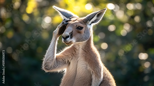 A kangaroo scratching its head with a paw, captured on a bright white surface photo