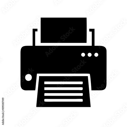 Minimalist black flat printer icon featuring a clean and modern design. The icon showcases a simplified silhouette of a printer, suitable for digital applications, websites, mobile a
