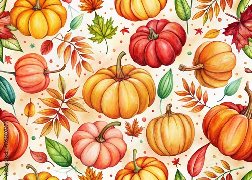 Hand Drawn Fall Pattern Featuring Pumpkins and Autumn Leaves for Thanksgiving Decor, Packaging, and Wrapping Paper Design in a Cute Watercolor Style