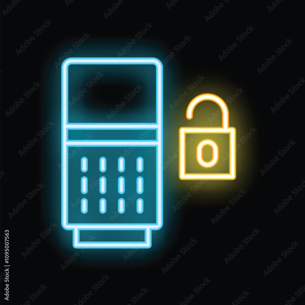 Neon glowing server icon with unlocked padlock depicting online security Neon glowing server icon with unlocked padlock depicting online security