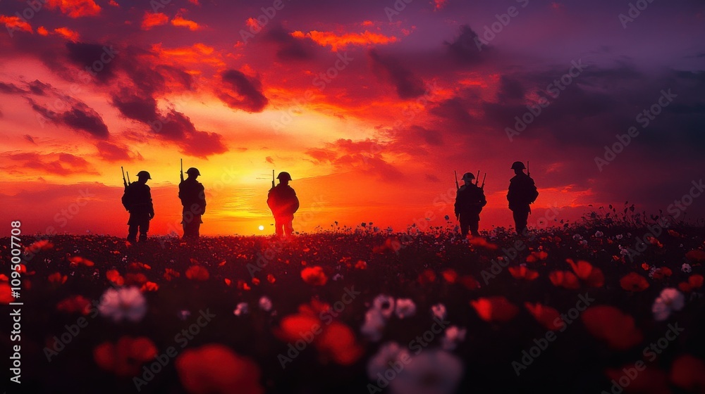 Fototapeta premium Soldiers create a dramatic silhouette as they stand in a field of flowers during a breathtaking sunset, reflecting camaraderie and remembrance at dusk.