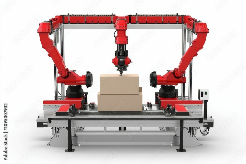 Automated robotic system handling cardboard boxes. Automated robotic system handling cardboard boxes.
