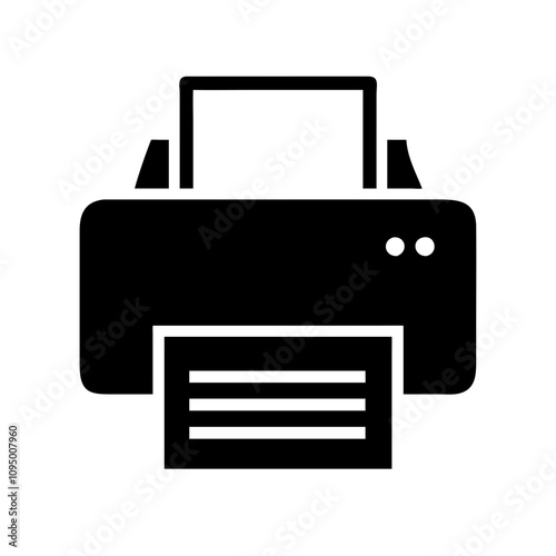 Minimalist black flat printer icon featuring a clean and modern design. The icon showcases a simplified silhouette of a printer, suitable for digital applications, websites, mobile a