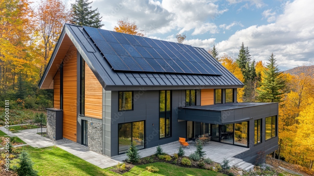 Modern Eco-Friendly House with Solar Panels in Autumn Landscape Modern Eco-Friendly House with Solar Panels in Autumn Landscape