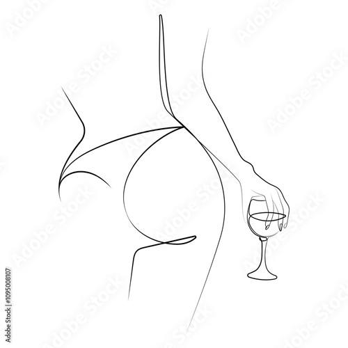 Abstract minimal Line drawing female figure with glass in hand. Fashion print. Woman standing with back in Minimal one line sketch style. Contemporary style woman body.Vector illustration