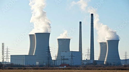 Power plant emits steam into the blue sky against distant utility poles and landscape in a winter setting