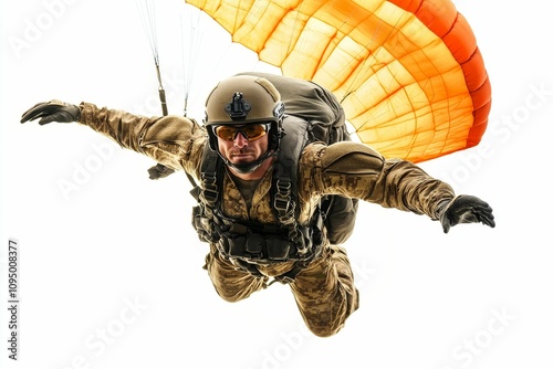 Camouflaged soldier parachuting, orange parachute. photo