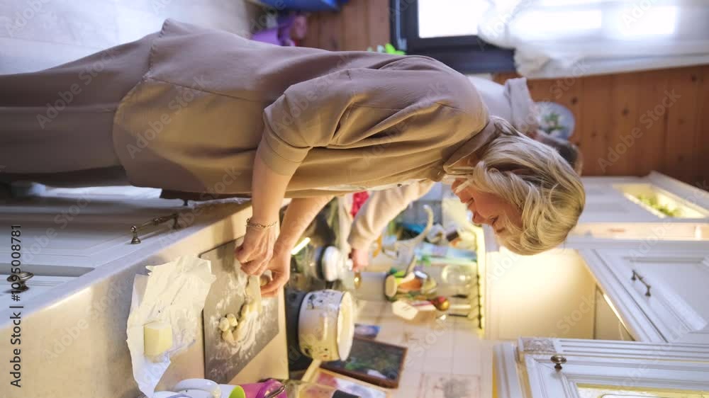 Happy attractive young woman housewife preparing breakfast for family. Mom stands near the kitchen stove and prepares dinner Happy attractive young woman housewife preparing breakfast for family. Mom stands near the kitchen stove and prepares dinner