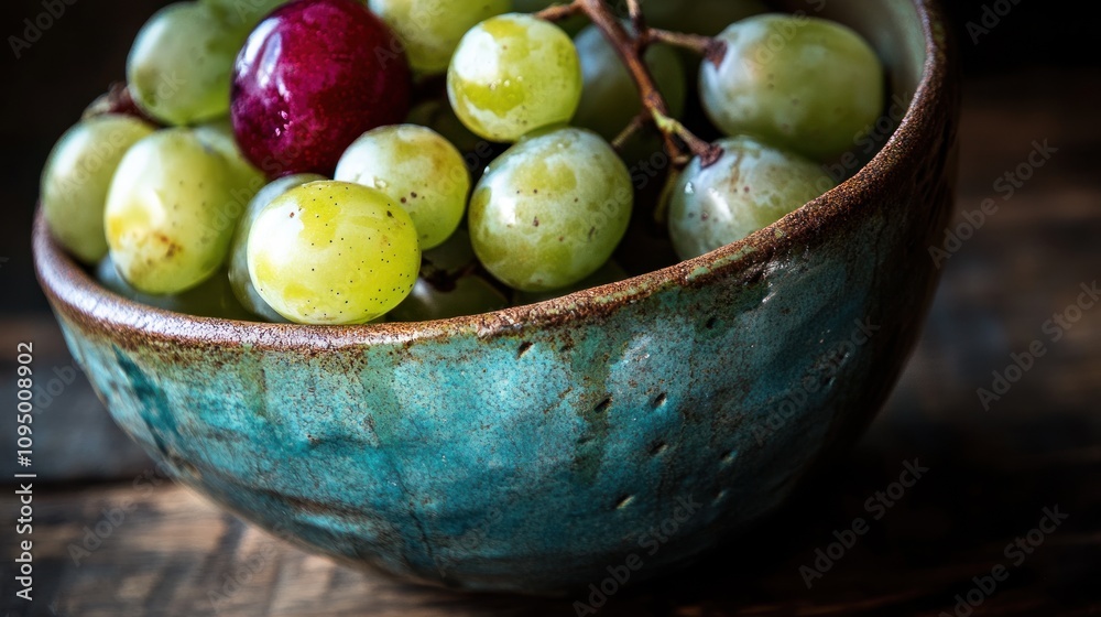 Green and Red Grapes in a Rustic Blue Bowl Green and Red Grapes in a Rustic Blue Bowl