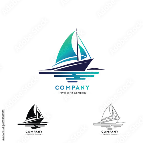 Minimal Travel Agency Logo Set, Sailboat Silhouette Fill Line Art Isolated on White Background