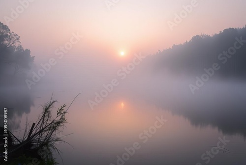 Calm Sunrise over a Misty River Early morning sun rising over a