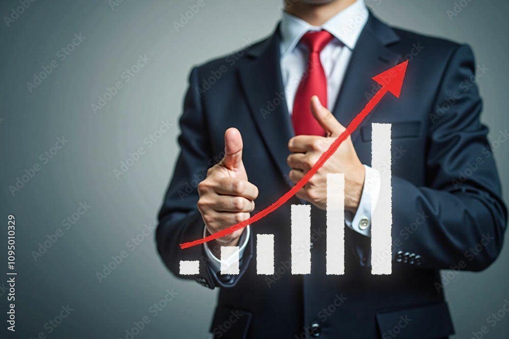 Business Growth Concept: Man in Suit Holding a 3D Bar Graph with an Upward Arrow Business Growth Concept: Man in Suit Holding a 3D Bar Graph with an Upward Arrow
